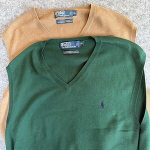Polo Ralph Lauren Sweater Vest Mens‎ XL Green Tan Pima Cotton V Neck Lot 2 Golf